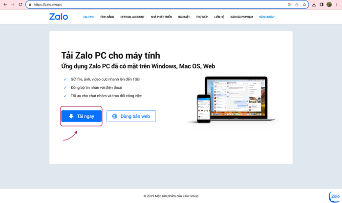 Nhấp chuột vào nút tải ngay để cài đặt phần mềm Zalo về Mac