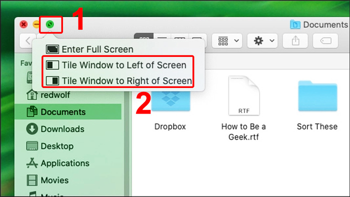 Lựa chọn Tile Window to Left of Screen hoặc Tile Window to Right of Screen để tab ứng dụng hiện lên một nửa trên màn hình