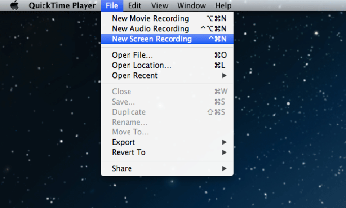 Từ QuickTime Player, chọn File, chọn New Screen Recording để bắt đầu quay màn hình MacBook