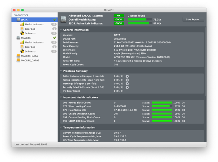DriveDx hiển thị đầy thông tin về tình trạng khấu hao SSD trên MacBook M1.