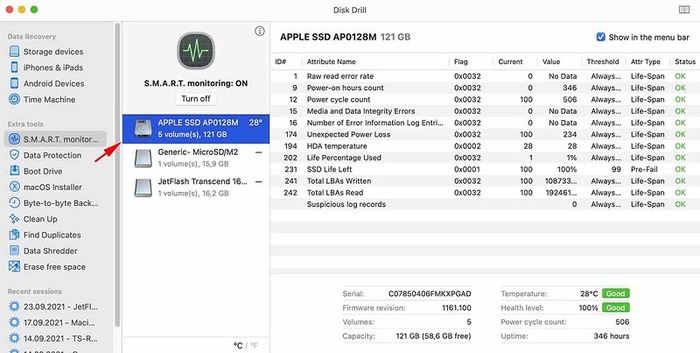 Thông tin khấu hao SSD trên MacBook M1 được thể hiện trong S.M.A.R.T.