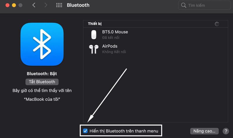 Hiển thị Bluetooth trên thanh menu của MacBook M1