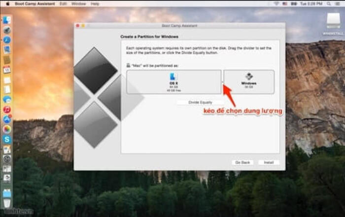 Chọn dung lượng và nhấn install để cài Windows