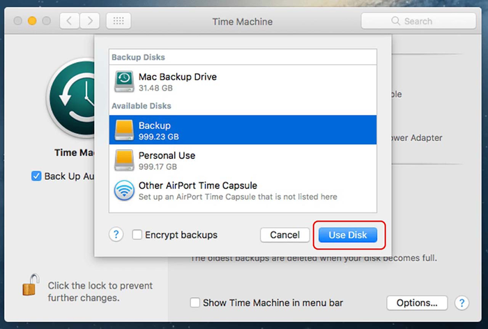 Chọn ổ cứng mà bạn đang kết nối với MacBook sau đó nhấn Use Disk ở góc trái hộp thoại Backup Disk