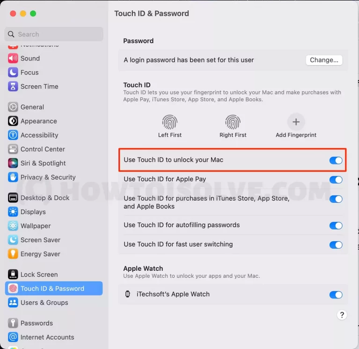 Ấn vào thanh gạt bên cạnh dòng Use Touch ID to unlock your Mac