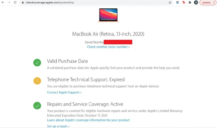 Truy cập checkcoverage.apple.com để kiểm tra thông tin về thời gian bảo hành MacBook của bạn