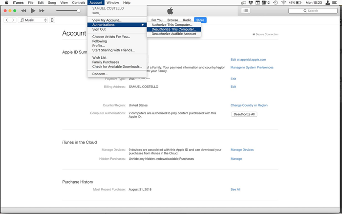 Nhấn vào Deauthorize This Computer và thực hiện theo hướng dẫn để đăng xuất iTunes khỏi MacBook