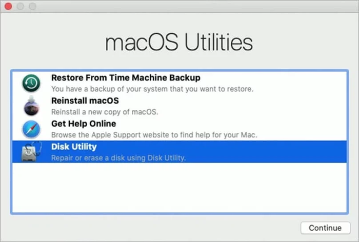 Trong giao diện MacOS Utilities, bạn nhấn chọn vào mục Disk Utility