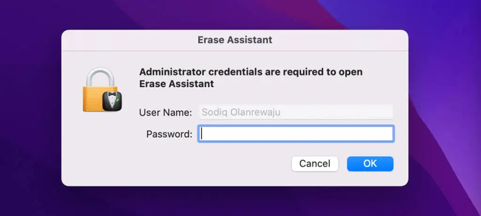 Nhập mật khẩu của bạn vào hộp thoại Erase Assistan