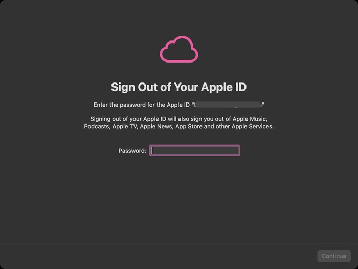 Nhập mật khẩu để đăng xuất Apple ID