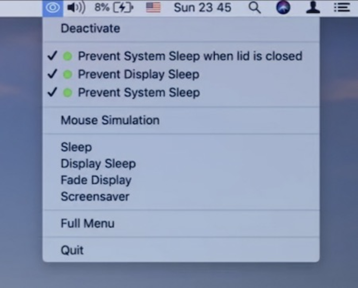 Biểu tượng con mắt đang mở của Sleep Control Center có nghĩa là máy Mac của bạn sẽ không tiến vào chế độ ngủ (Sleep Mode)