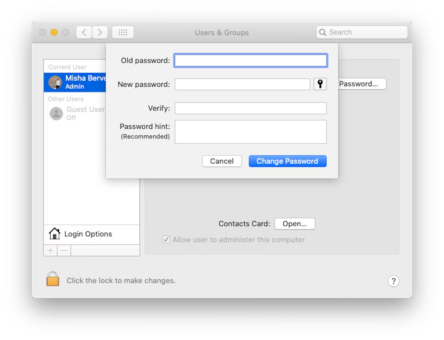 Điền các thông tin vào hộp thoại Change Password (Thay đổi mật khẩu) để thay đổi mật khẩu MacBook