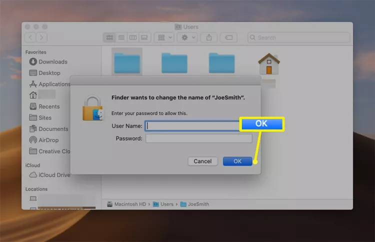 Nhấn OK sau khi nhập tên Username (Tên người dùng) và mật khẩu đăng nhập MacBook 