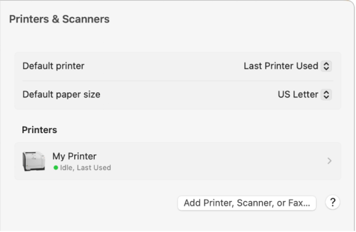 Giao diện mục Printers & Scanners (Máy in & máy quét)