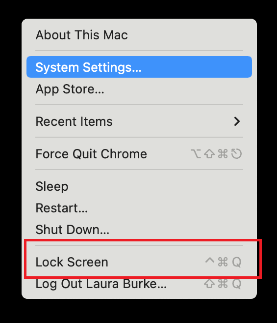 Chọn Lock Screen để khóa bàn phím MacBook bằng cách khóa màn hình
