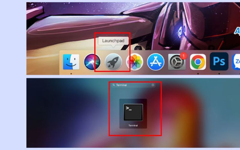 Trên thanh Dock bạn chọn “Launchpad” và tại thanh kiếm bạn đánh chữ “Terminal” 
