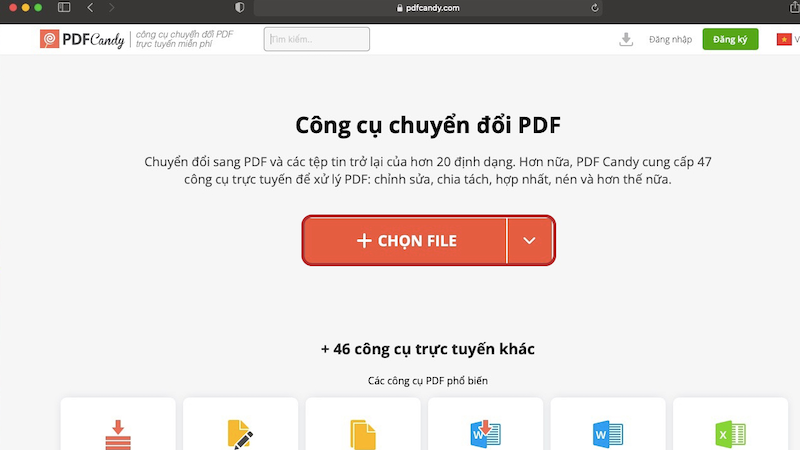 Bạn truy cập vào website PDFCandy, rồi nhấn “Chọn file”  