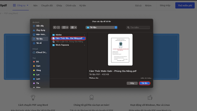 Bạn bấm vào file PDF muốn chuyển sang word rồi nhấn “Tải lên” 