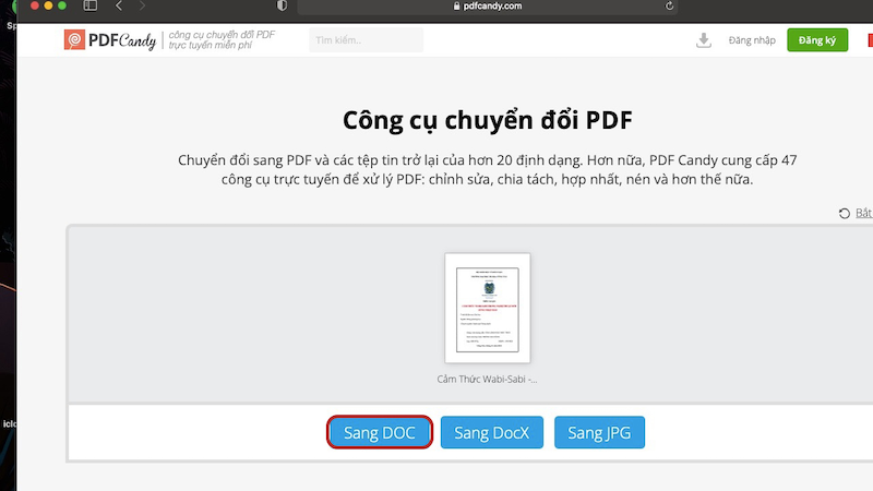 Sau khi file đã được tải lên, bạn chọn “Sang Doc” để hoàn tất quá trình chuyển file PDF sang word   