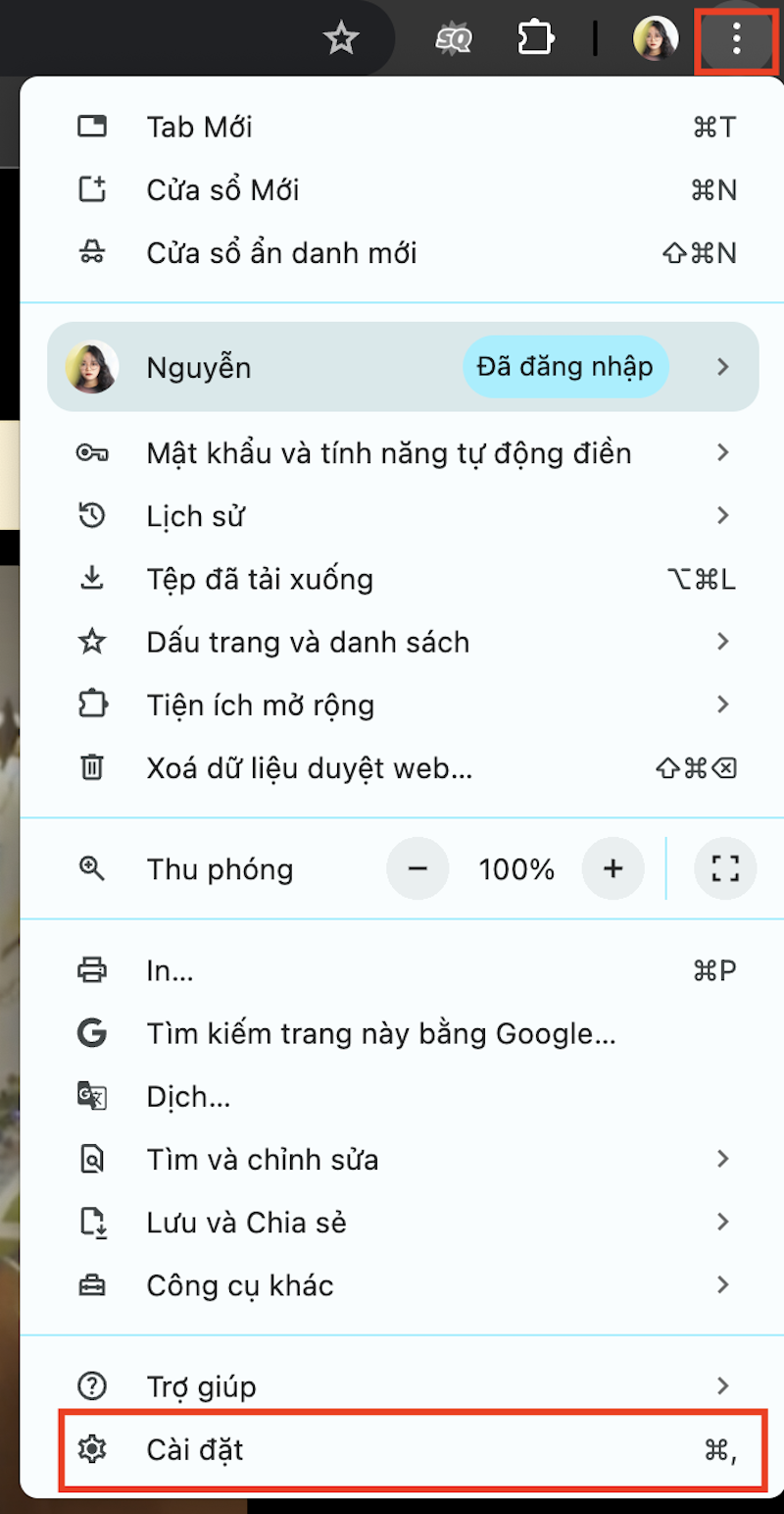 Chọn dấu ba chấm > Settings