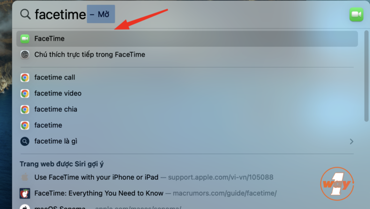 Tìm kiếm ứng dụng FaceTime trên thanh Spotlight