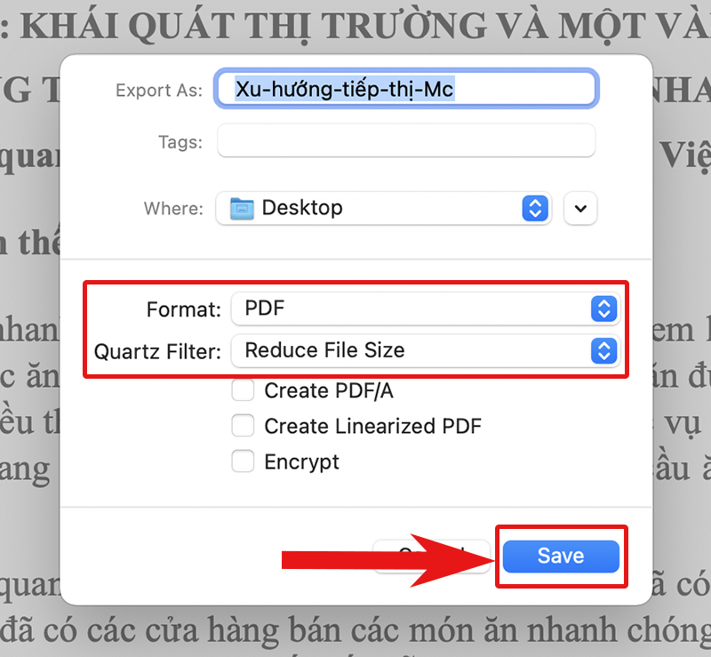 Bạn vào Format chọn định dạng PDF và vào Quartz Filter chọn “Reduce File Size” 