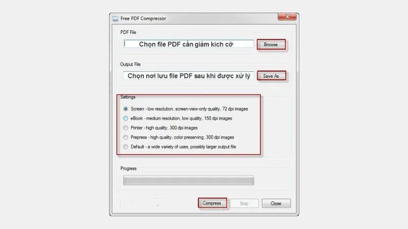 Bạn vào mục “PDF File” để chọn file cần giảm kích cỡ và vào mục “Output File” để chọn nơi lưu file PDF sau khi được xử lý 