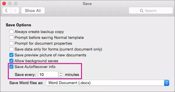 Bật tính năng tự động lưu/ Save AutoRecover để file word được tự động lưu mà không cần thao tác lưu thủ công 