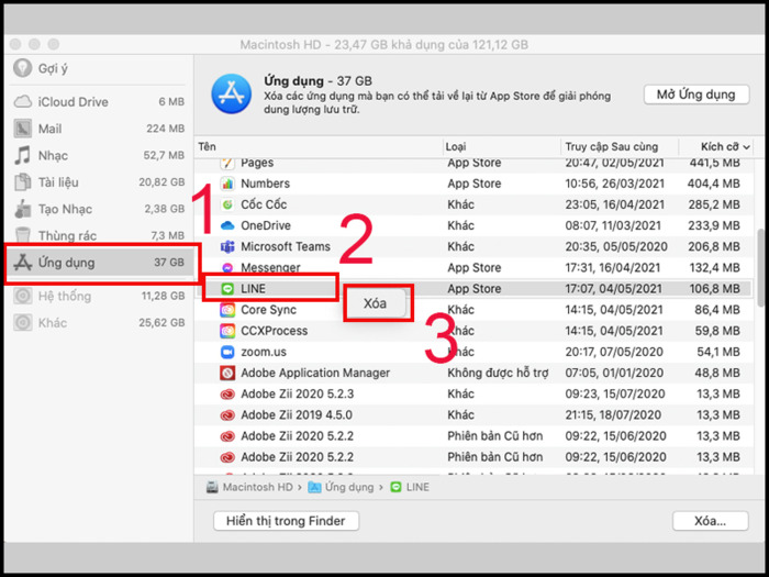 chọn “Ứng dụng/Applications”, chọn ứng dụng muốn xóa. Sau đó, bạn nhấp chuột phải và chọn “Xóa/Delete”