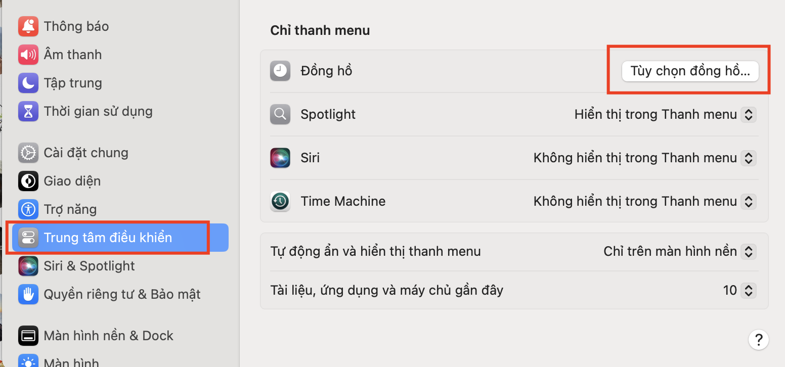 Tại Chỉ Thanh Menu (Menu Bar Only), chọn Tuỳ chọn Đồng hồ (Clock Option)