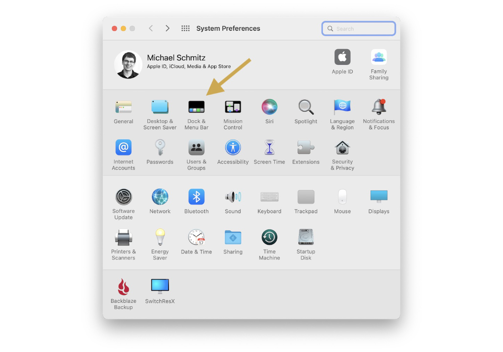 Lựa chọn Dock & Menu Bar trong cửa sổ System Preferences