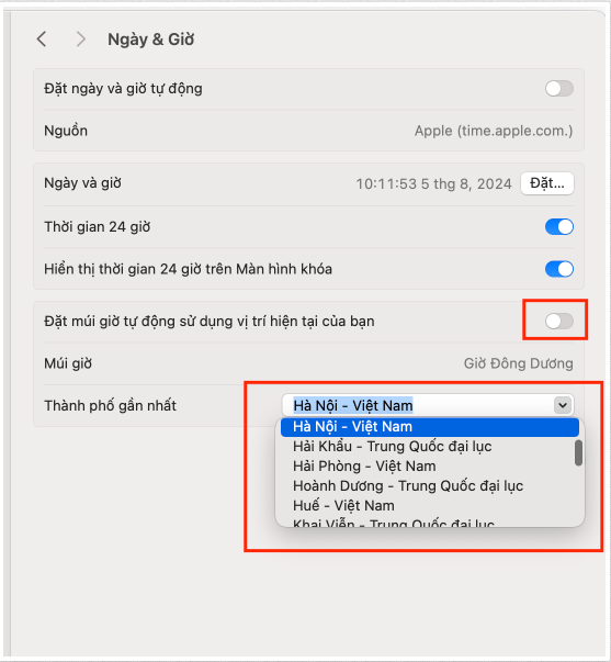 Tắt Đặt múi giờ tự động sử dụng vị trí hiện tại của bạn và lựa chọn thành phố phù hợp