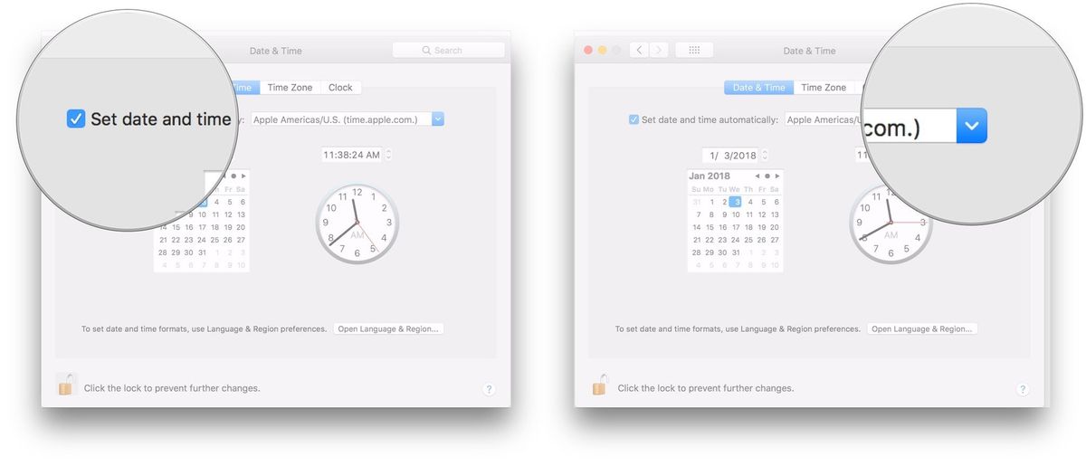 Tích chọn Set date and time automatically và chọn máy chủ Apple