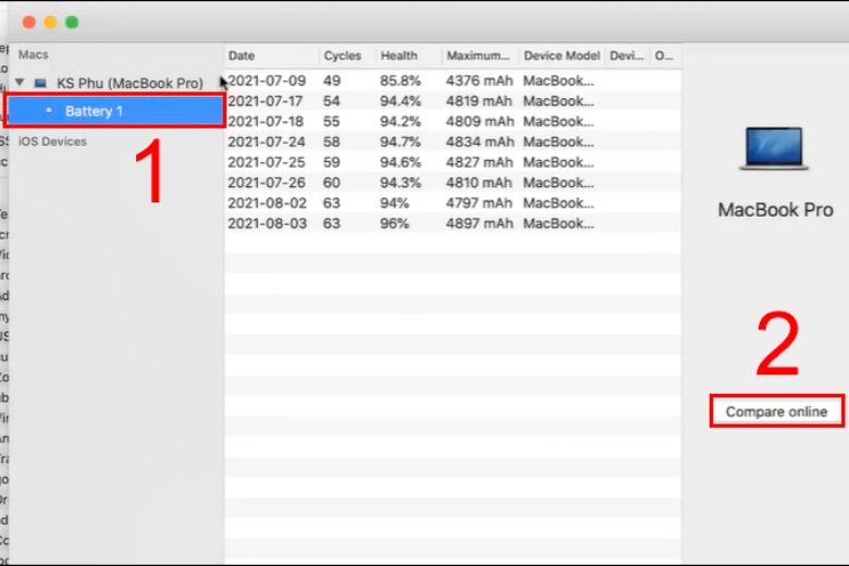 chọn “Battery 1/Pin 1” và nhấn “Compare online/So sánh trực tuyến” - Kiểm tra số lần sạc MacBook M1