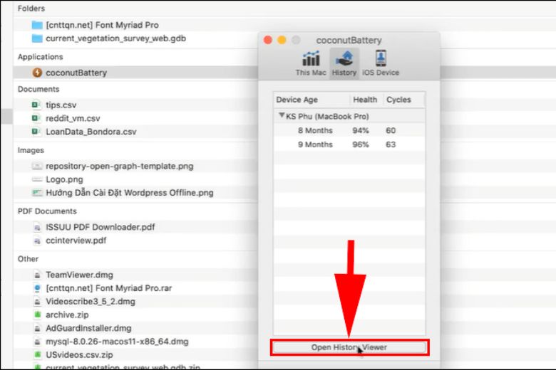 Chọn vào phần “Open History Viewer/Mở xem lịch sử” - Kiểm tra số lần sạc MacBook M1