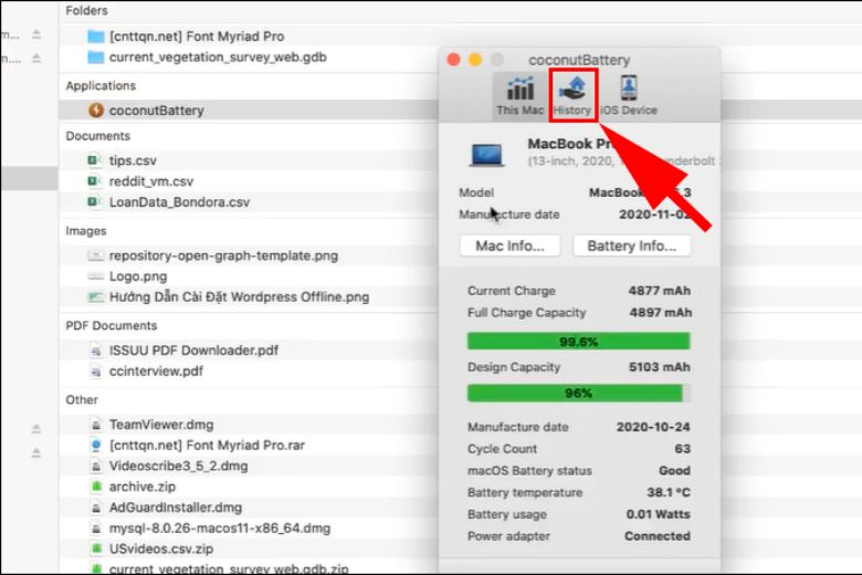 Mở ứng dụng Coconutbattery và chọn History - Kiểm tra số lần sạc MacBook M1