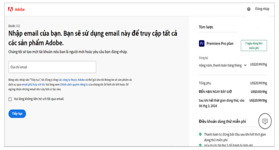 điền các thông tin email, thanh toán rồi bấm tiếp tục