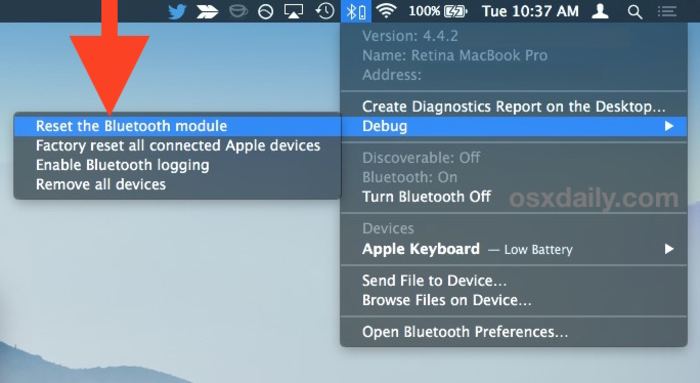 Nhấn chọn Reset the Bluetooth module để reset module Bluetooth của MacBook