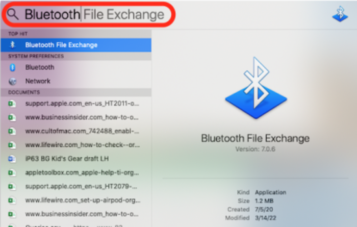 Tìm kiếm và mở tab Bluetooth File Exchange