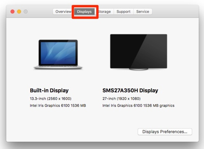 Mục Displays cho phép tìm hiểu thông tin màn hình MacBook