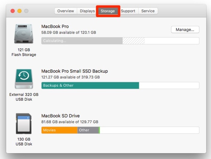 Mục Storage hiển thị dung lượng ổ cứng, ổ đĩa trên MacBook