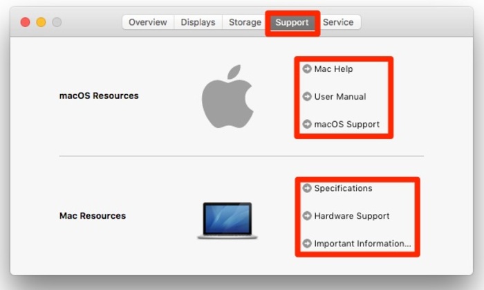 Mục Support cung cấp các thông tin hỗ trợ người dùng, phần cứng và phần mềm MacBook