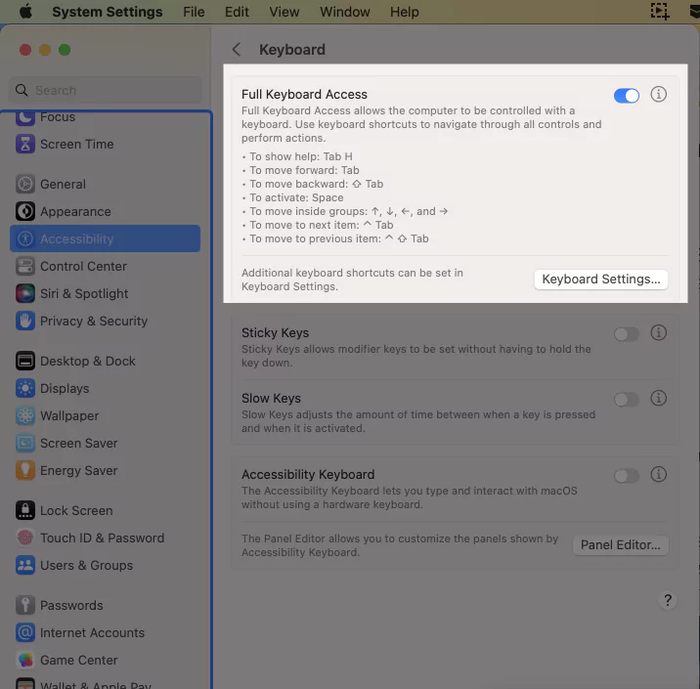 Bật Full Keyboard Access để có thể kết nối chuột Bluetooth với MacBook bằng phím Tab