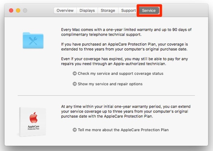Mục Service cho biết nội dung dịch vụ sửa chữa, bảo hành, AppleCare