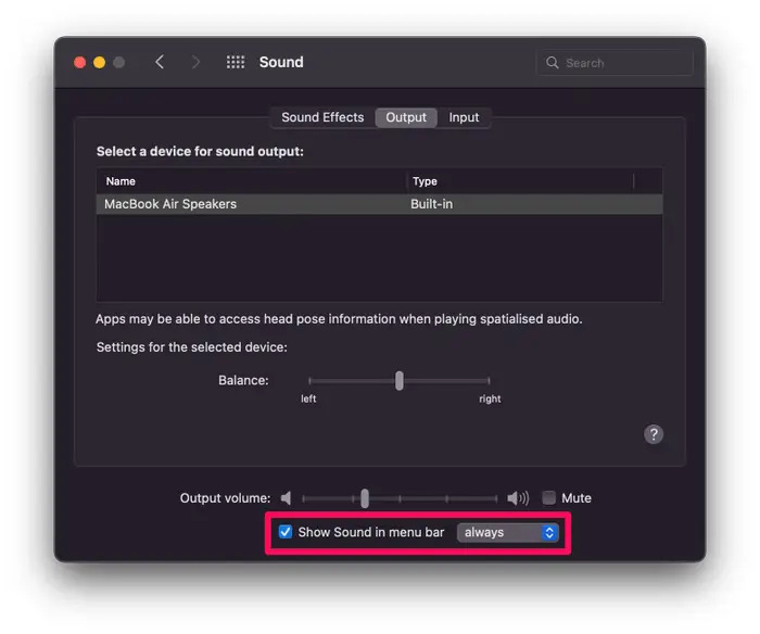 Bạn vào “Output” và lựa chọn AirPods cần kết nối. Tiếp theo bạn kích chọn “Show Sound in menu bar” là hoàn thành 