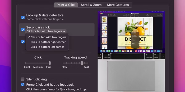 Giao diện kích hoạt tính năng Secondary Click (Bấm chuột phụ) trên MacBook