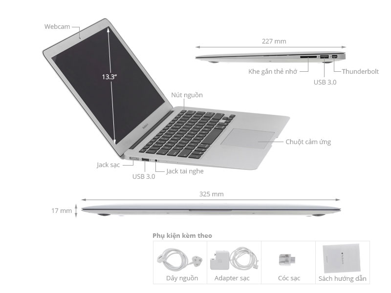MacBook Air 2017 thiết kế nhỏ gọn, có 1 màu là màu Bạc (Silver)