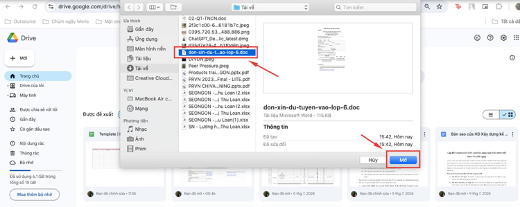 Bạn chọn file word muốn gửi và nhấn “Open” để tải file word lên Google Drive.