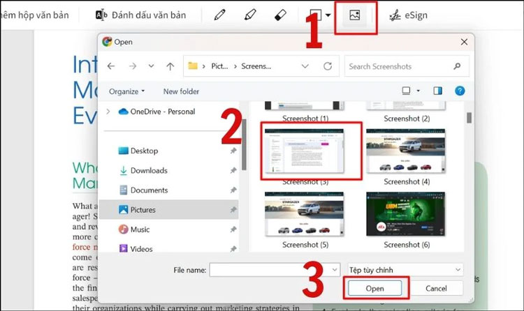 Bước 3: Bạn mở file PDF,  tới trang cần chèn ảnh thì chọn vào biểu tượng khung ảnh