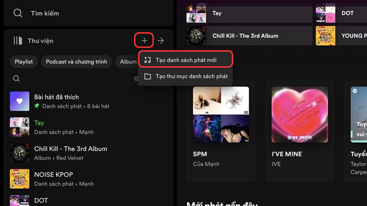 Bước 1: Bạn nhấn vào dấu “+” ở phần “Thư viện” và chọn “Tạo danh sách phát mới”.